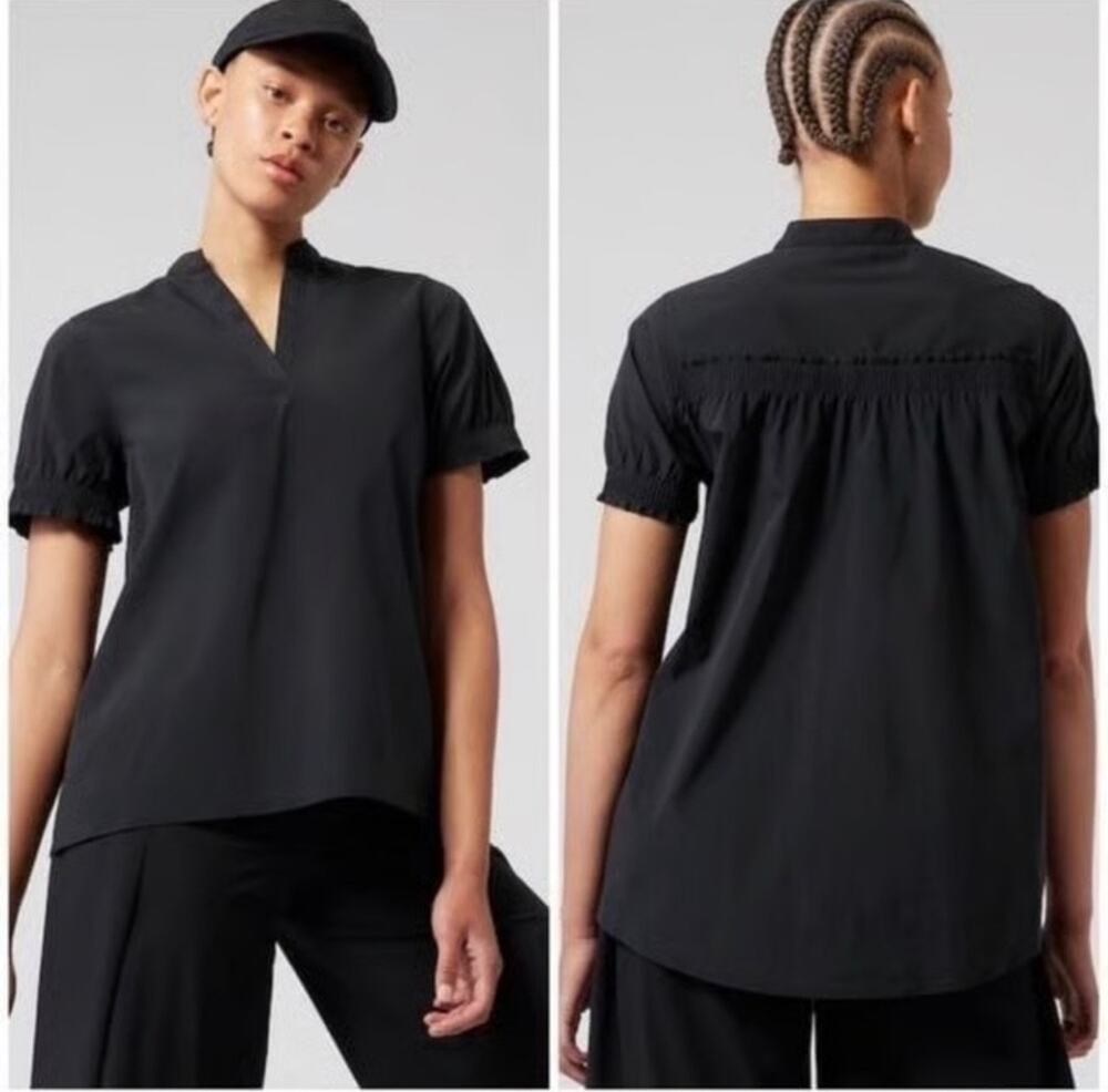 Athleta Levitate Poplin Top Black V-Neck Puff Sleeve Blouse Women's - Large